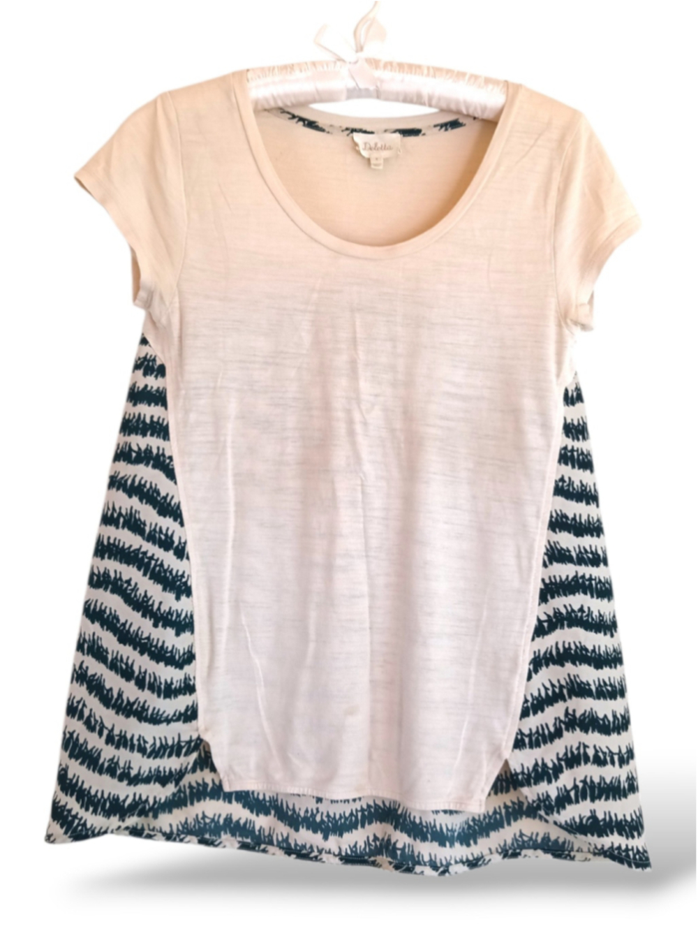 Anthropologie Deletta Scoop Neck Top flowy beige navy blue print lightweight MED